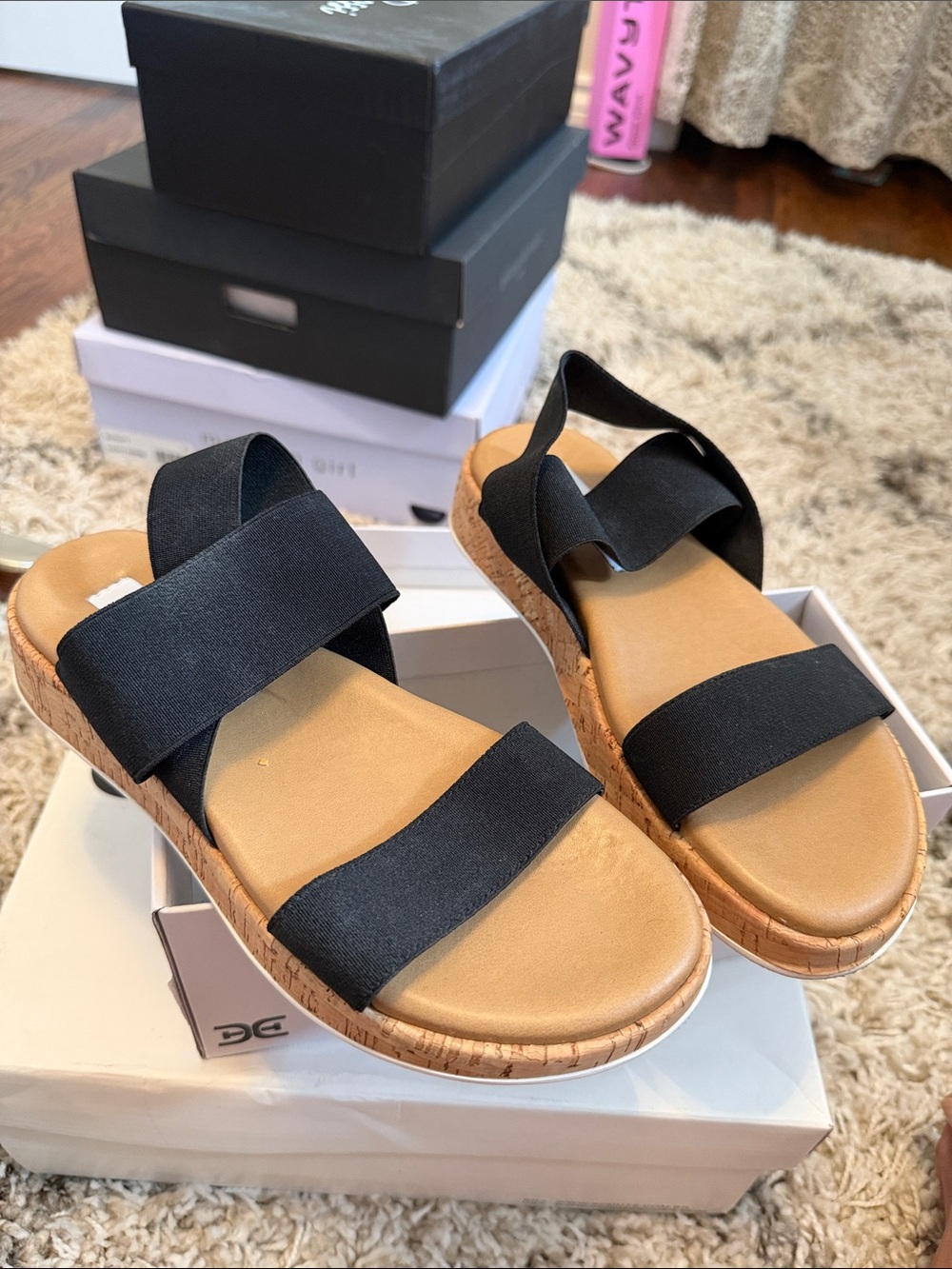 Steve Madden Black Cork-Trim Elastic Strap Sandals - size 5.5